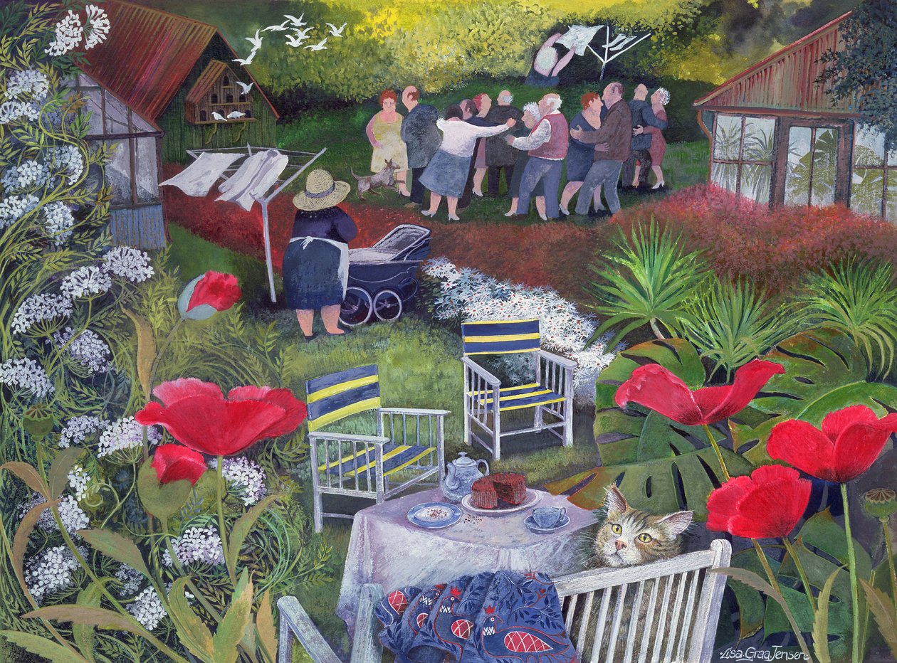 Przyjęcie dla straży sąsiedzkiej, 1995 (tusz akrylowy, gwasz) autorstwa Lisa Graa Jensen