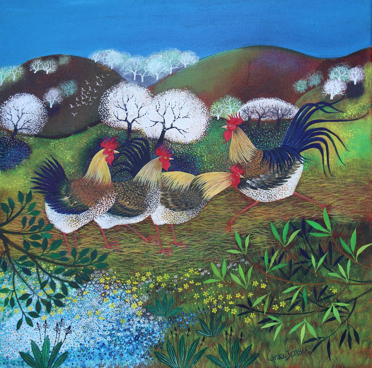 Rollicking Roosters, 2024 (akryl na płótnie) autorstwa Lisa Graa Jensen