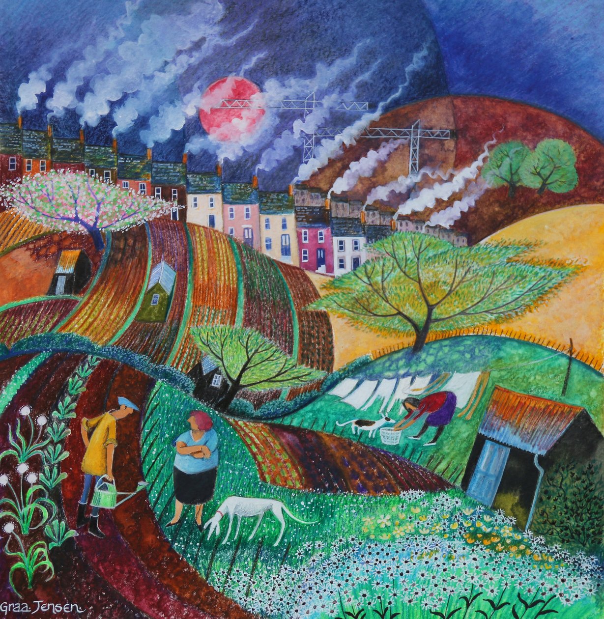 Smokey Chimneys, 2018 (pastele na papierze) autorstwa Lisa Graa Jensen