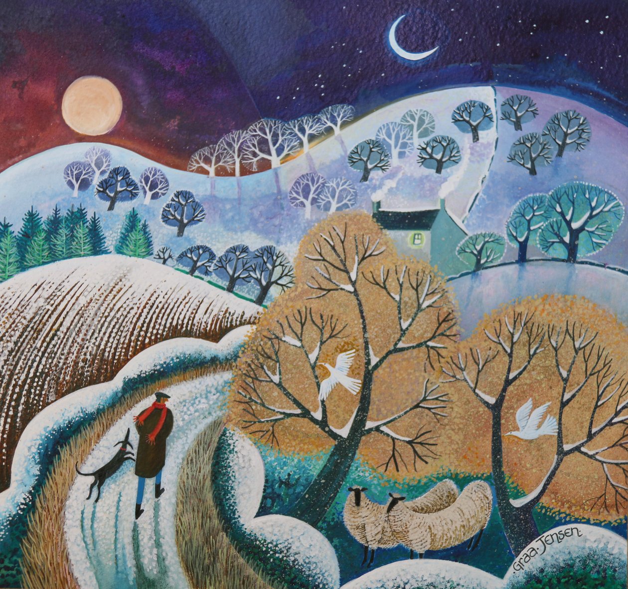 Snowy Winter Walk, 2017, (farby akrylowe na papierze) autorstwa Lisa Graa Jensen