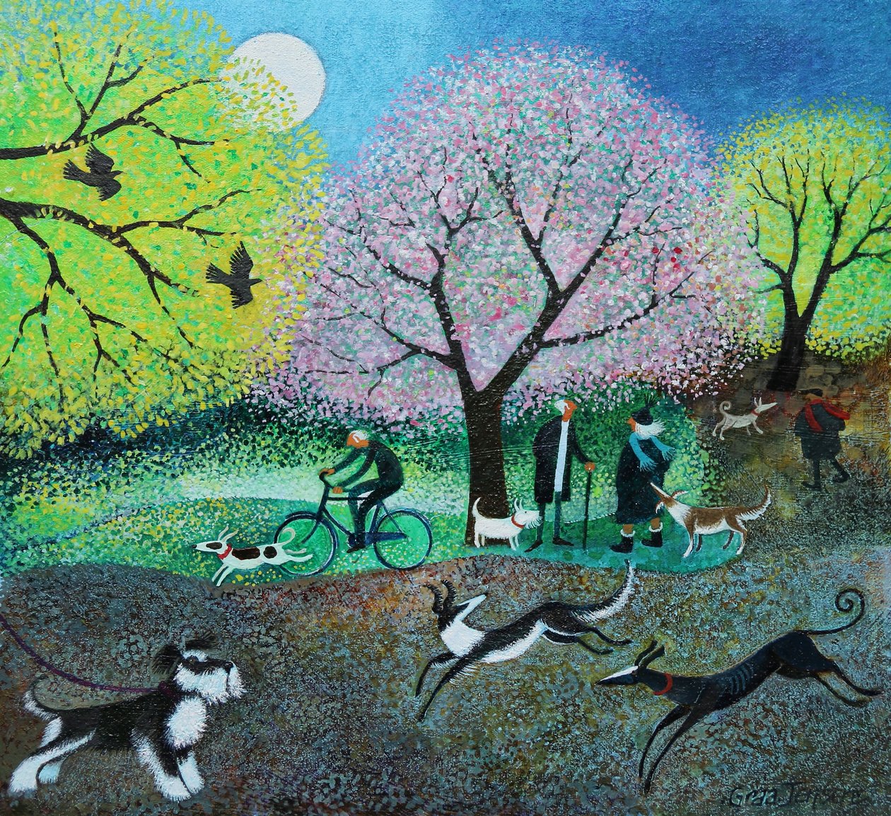 Wellie Road Dog Walkers, 2021 (akryl na płótnie) autorstwa Lisa Graa Jensen