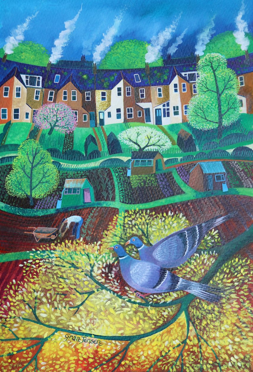 Gołębie Wimbledon Park, 2017, (farby akrylowe na papierze) autorstwa Lisa Graa Jensen