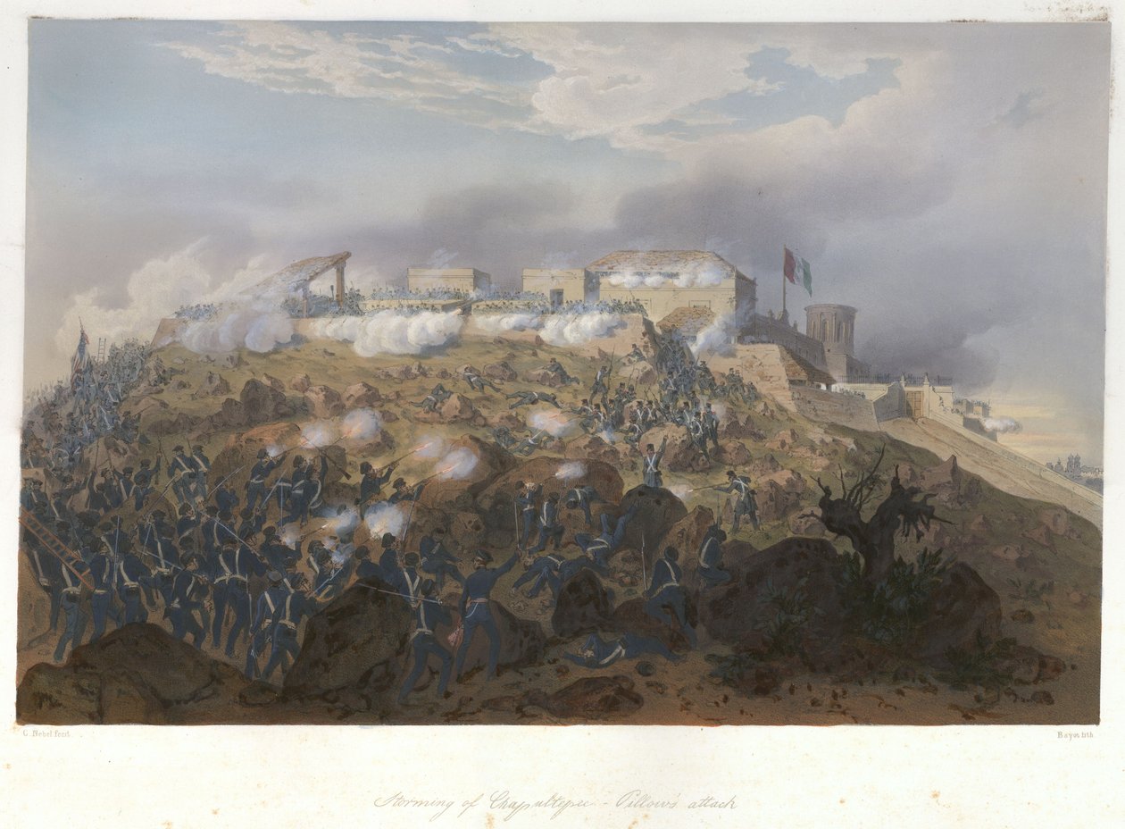 Szturm na Chapultepec – atak Pillow (13 września 1847) w wojnie amerykańsko-meksykańskiej. autorstwa Lithograph by Adolphe Jean Baptiste Bayot