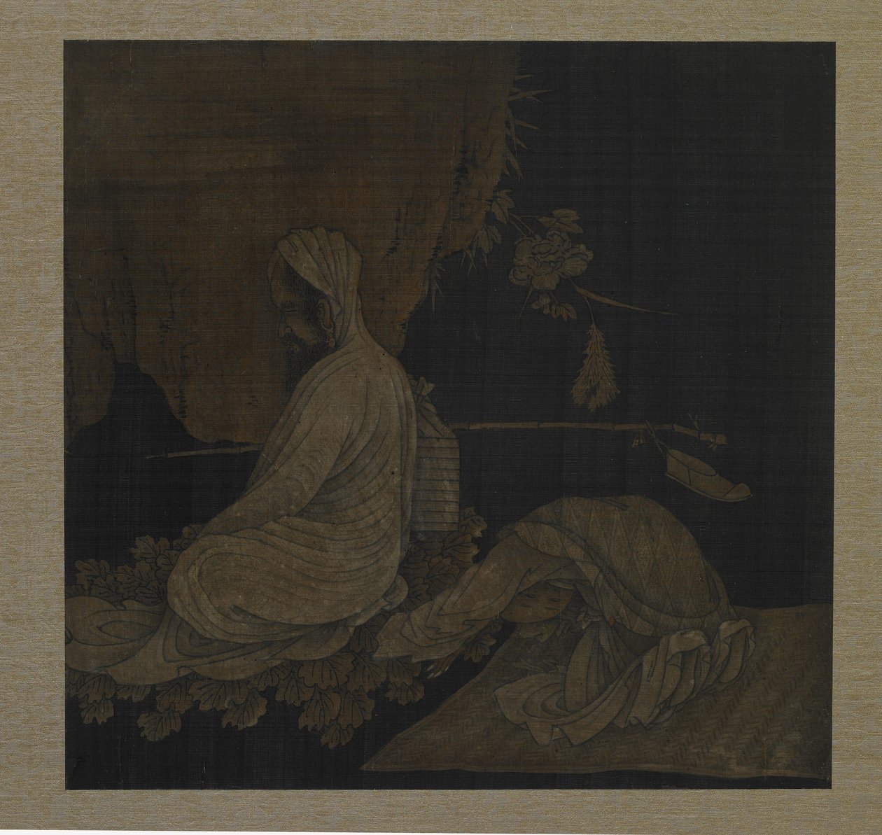 Bodhidharma medytujący, z leżącym sługą, dynastia Qing, ok. 1708 r. atrament i kolor na jedwabiu autorstwa Liu Hualiang