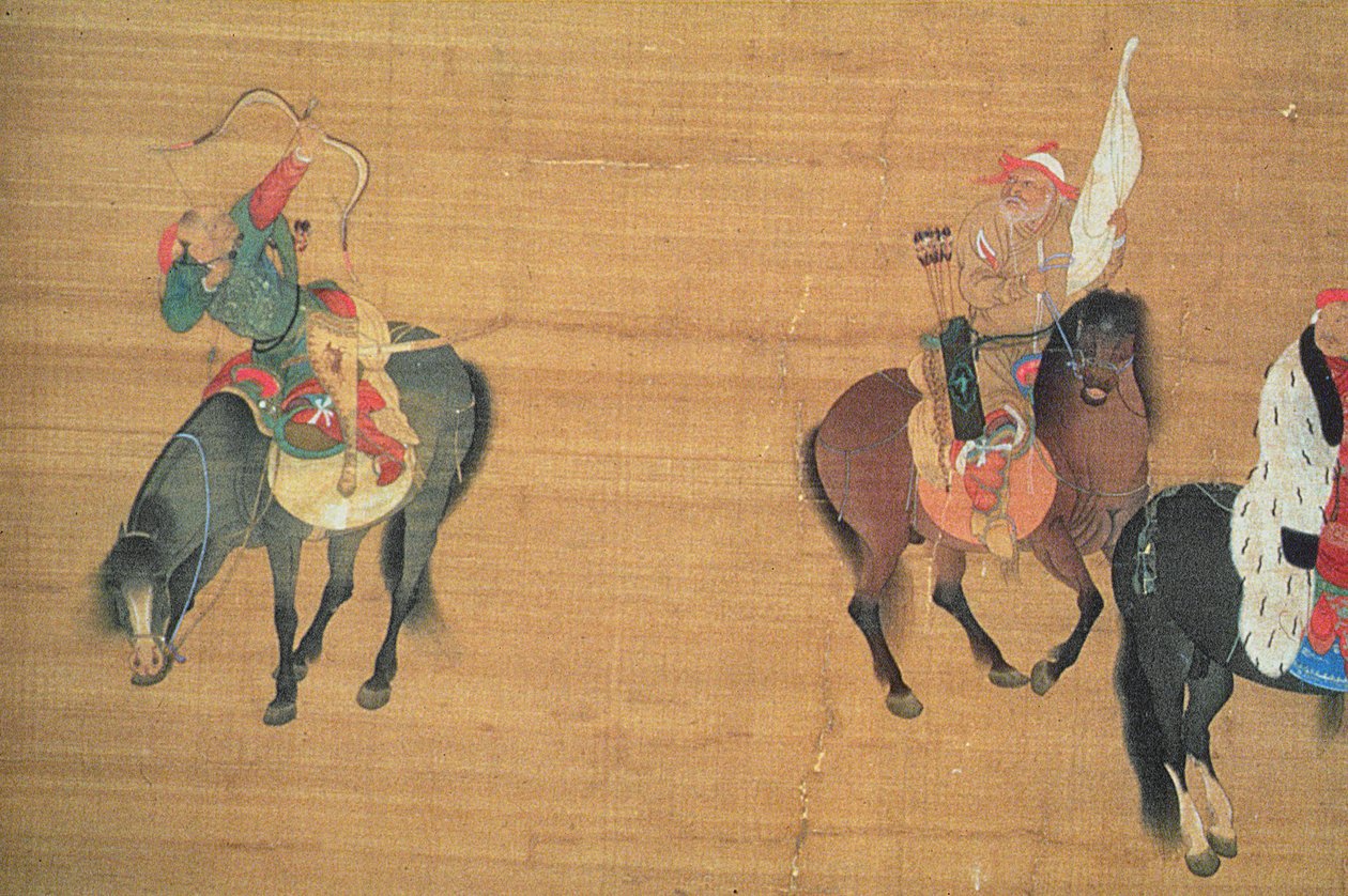 Kubilaj-chan (1214-94) Łowiectwo (szczegóły), dynastia Yuan (tusz i kolor na jedwabiu) (patrz 150417) autorstwa Liu Kuan tao