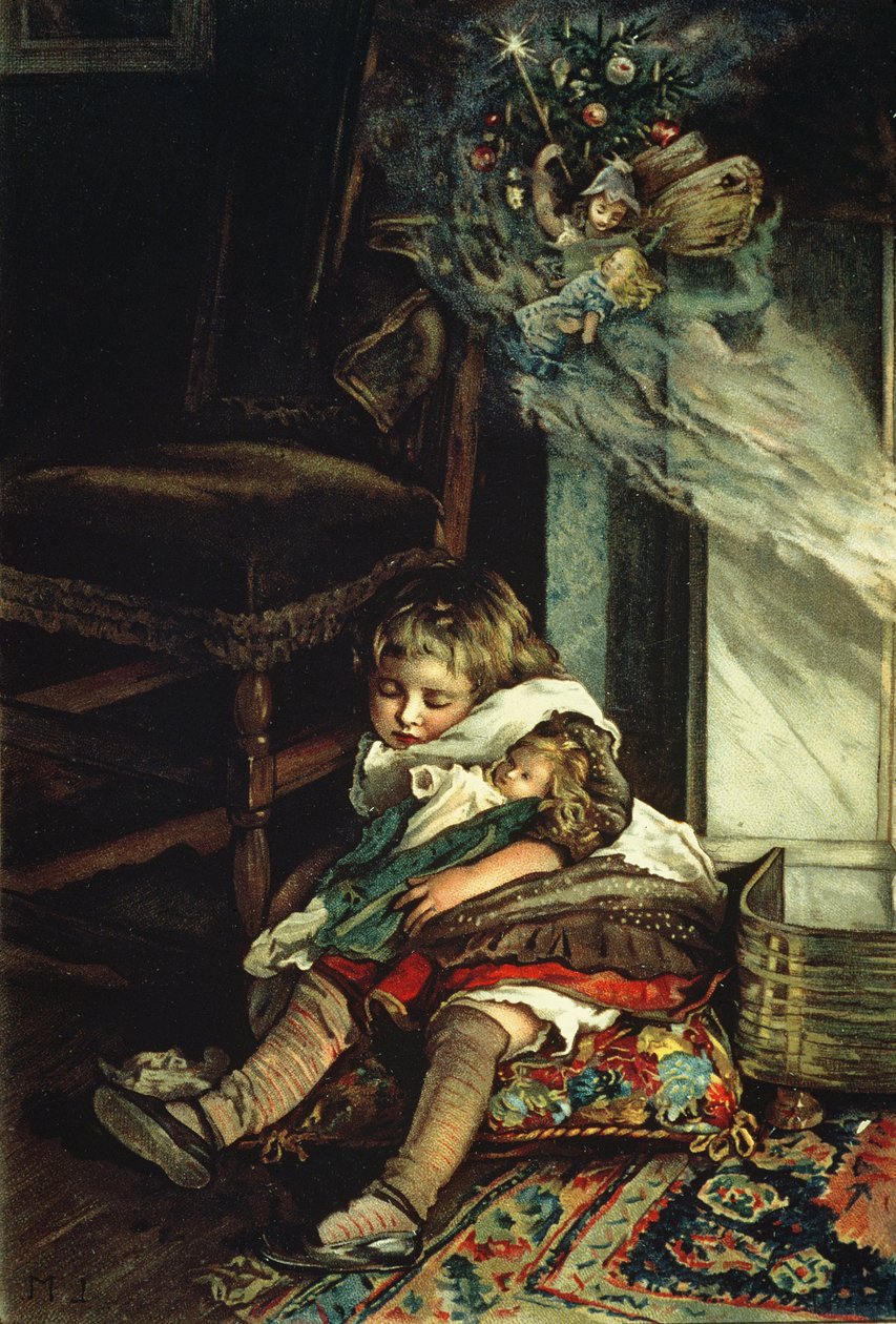 Dzieci marzące o zabawkach, frontyspis „Wróżki na choince”, wyd. 1886 autorstwa Lizzie Mack