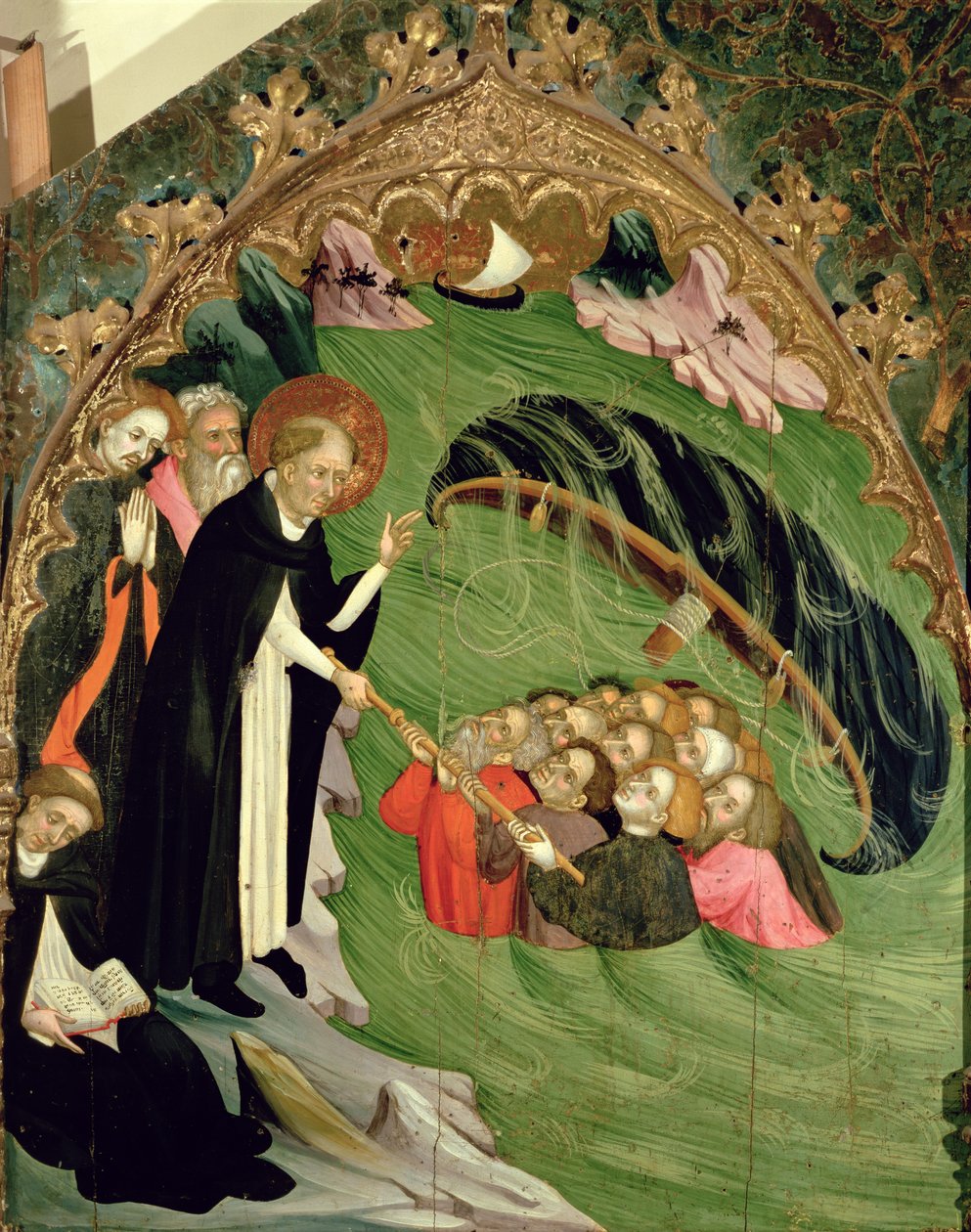 Św. Dominik ratujący rozbitków rybaków przed utonięciem, fragment z ołtarza św. Klary, 1415 autorstwa Lluís Borrassà