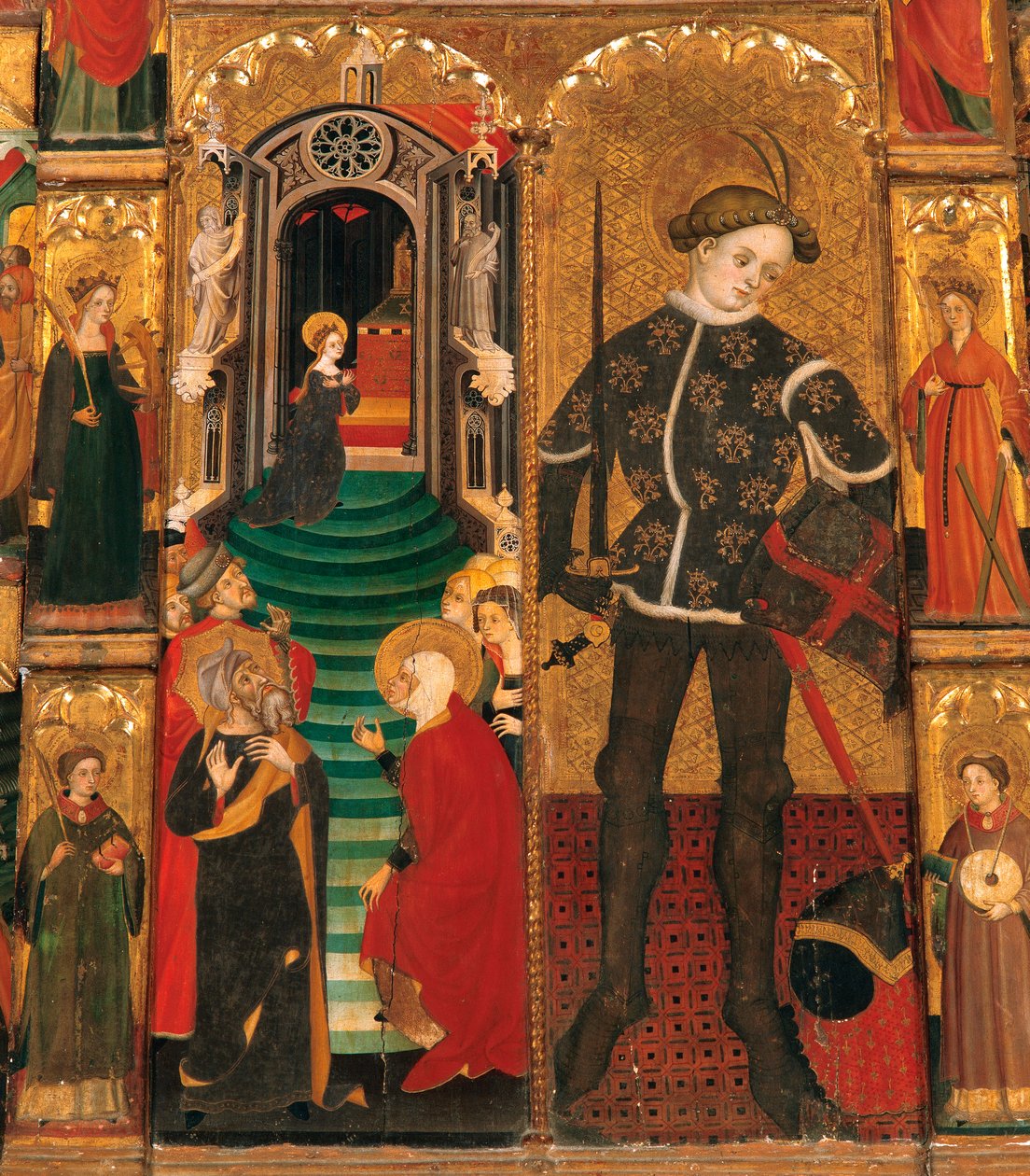 Okres gotyku. Ołtarz Dziewicy i Świętego Jerzego (Sant Jordi), autor: Lluis Borrassa (1360-1426). Malarstwo na drewnie. Dzieło wykonane w Barcelonie w latach 1390-1400. Detal, Ofiarowanie Marii w świątyni i Święty Jerzy (Sant Jordi / San Jorge) jako rycerz autorstwa Lluís Borrassà
