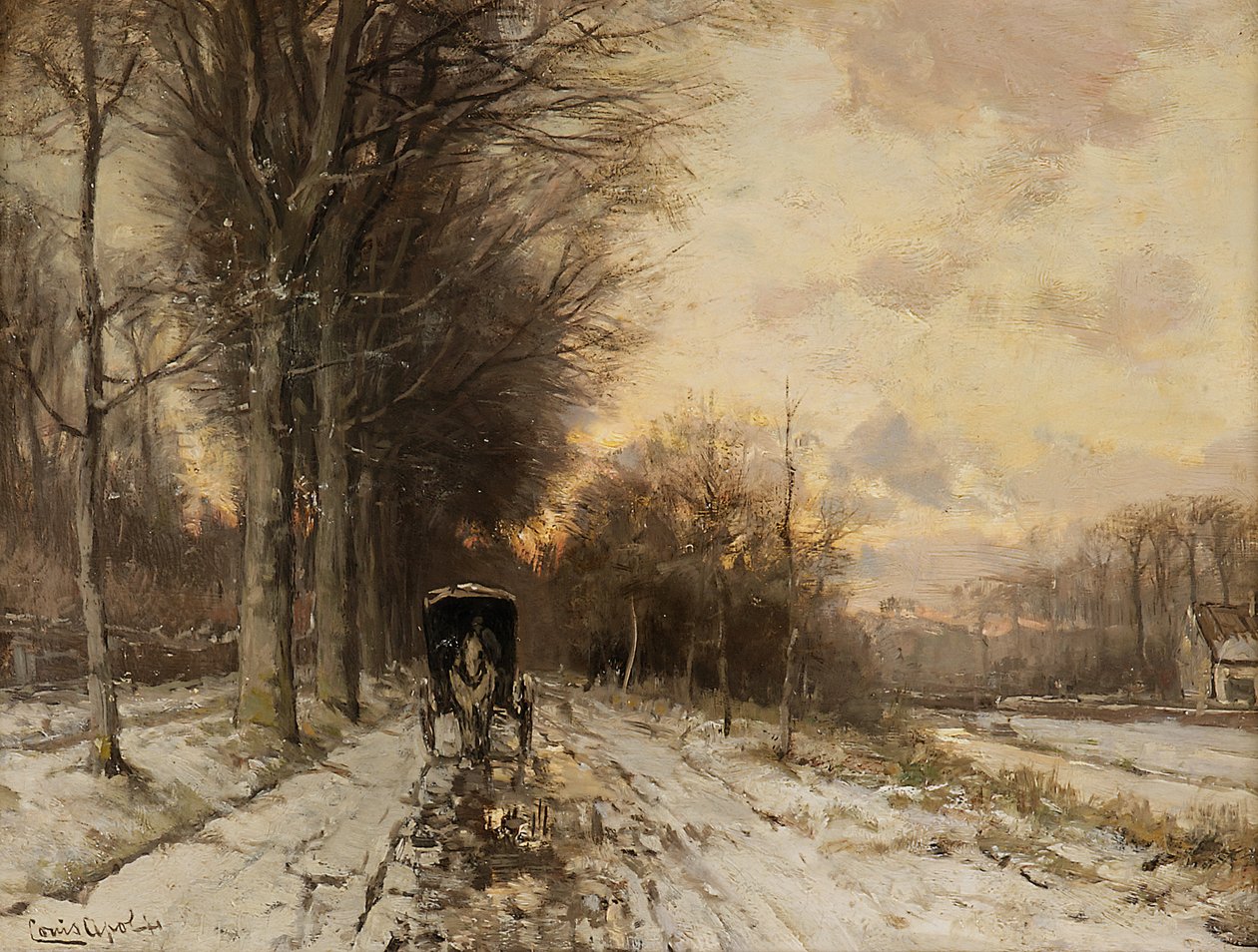 Wóz konny na zaśnieżonej ścieżce (olej na płycie) autorstwa Lodewijk Frederik Hendrik (1850-1936) Apol
