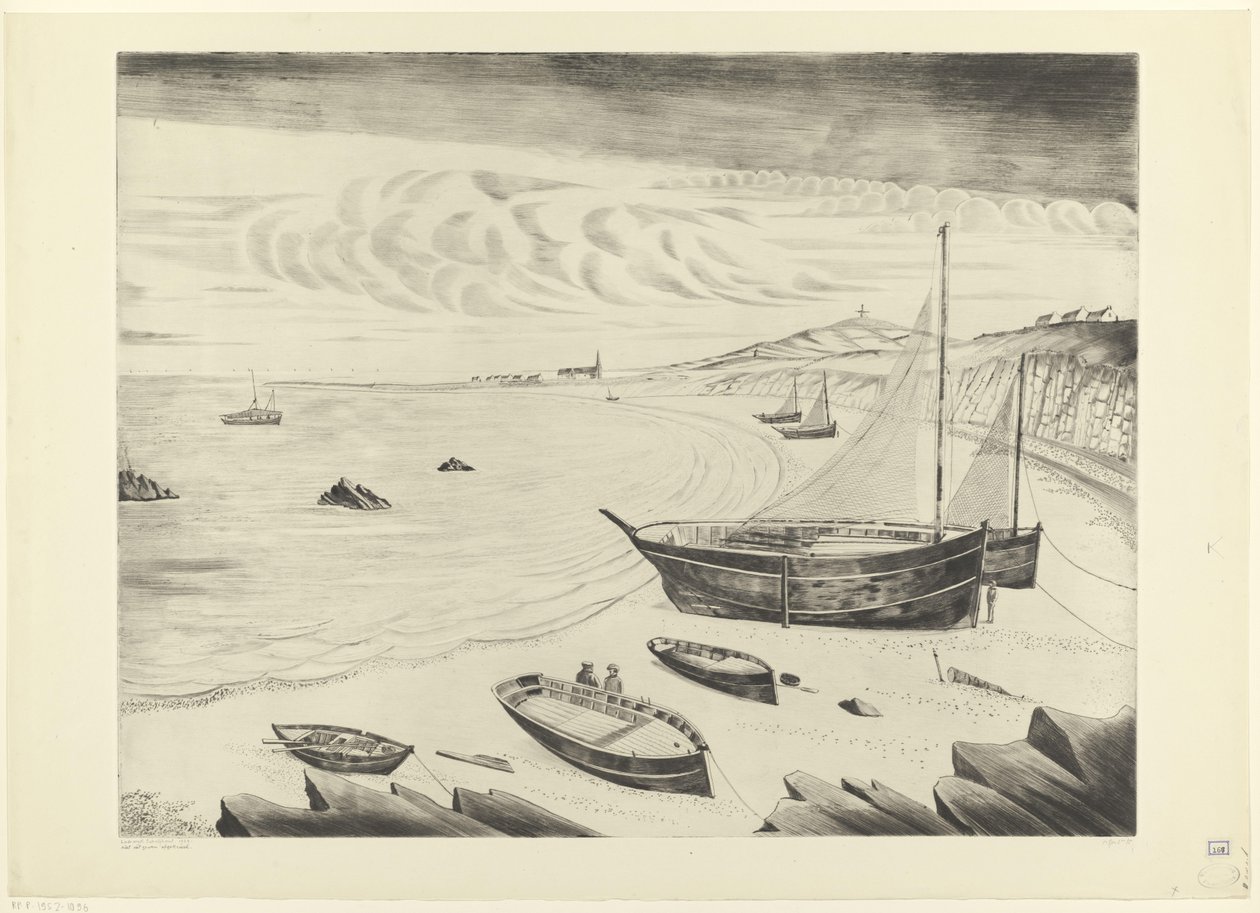 Osiem zacumowanych statków na plaży Les Vaisseaux (tytuł oryginalny) autorstwa Lodewijk Schelfhout (signed by artist)