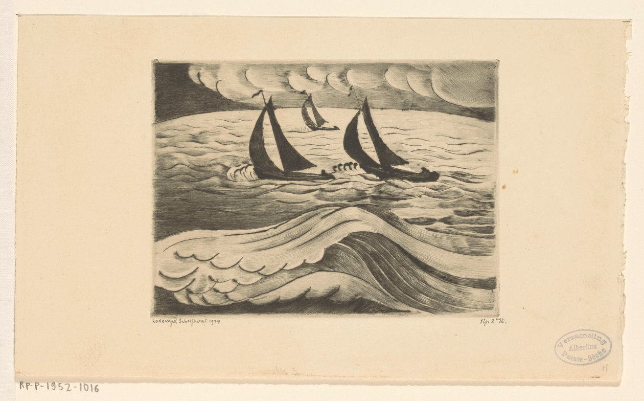 Trzy żaglowce na morzu podczas sztormu La Tempête (tytuł oryginalny) autorstwa Lodewijk Schelfhout (signed by artist)