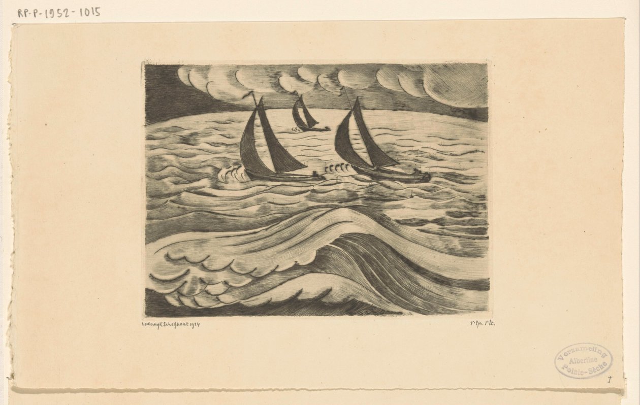 Trzy żaglowce na morzu podczas sztormu La Tempête (tytuł oryginalny) autorstwa Lodewijk Schelfhout (signed by artist)
