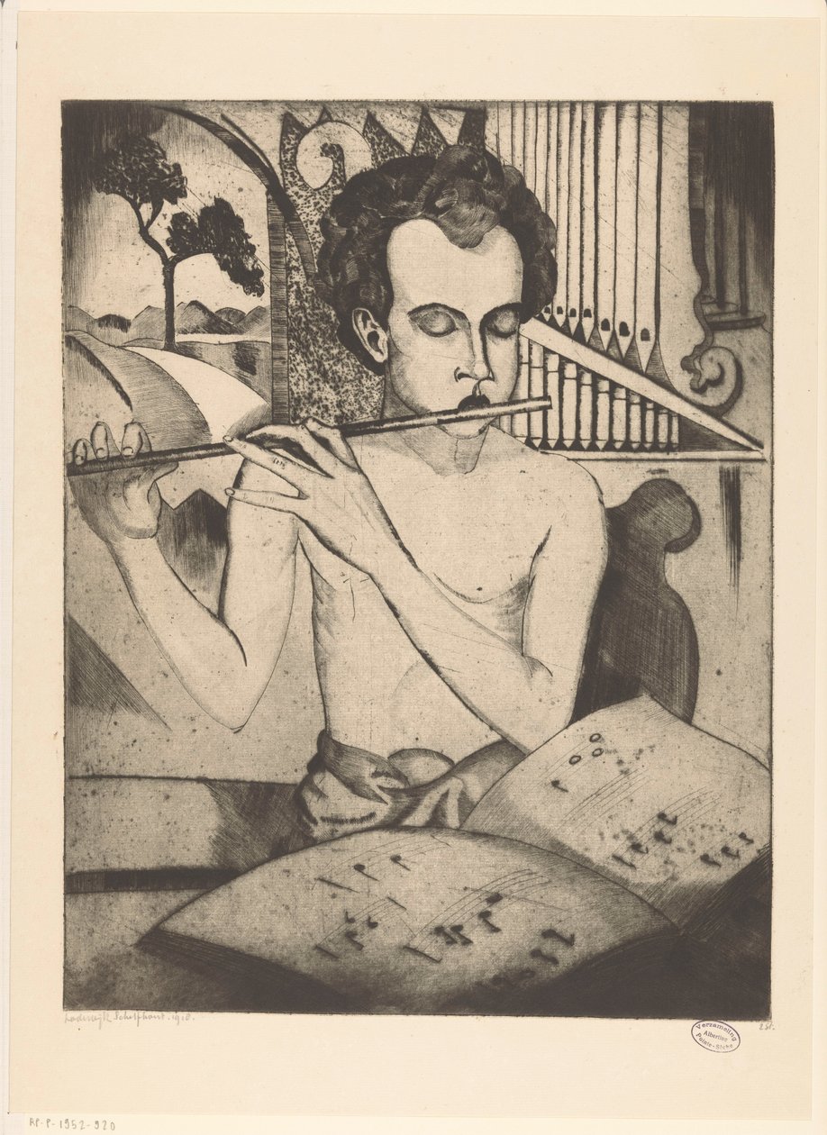Półnagi chłopiec grający na flecie Le Flûteur (tytuł oryginalny) autorstwa Lodewijk Schelfhout (signed by artist)