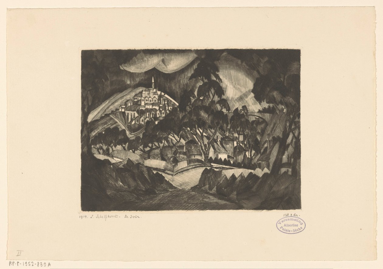 Pagórkowaty krajobraz z drzewami i budynkami Le Soir (oryginalny tytuł na obiekcie) autorstwa Lodewijk Schelfhout (signed by artist)