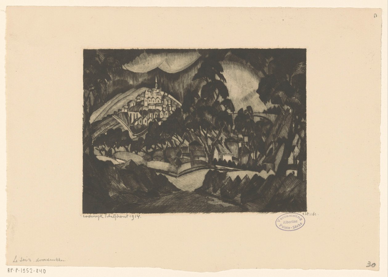 Pagórkowaty krajobraz z drzewami i budynkami Le Soir (oryginalny tytuł na obiekcie) autorstwa Lodewijk Schelfhout (signed by artist)