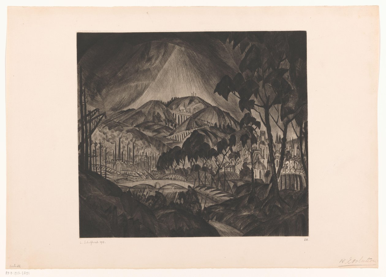 Pagórkowaty krajobraz z przemysłem Ewolucja (tytuł oryginalny) autorstwa Lodewijk Schelfhout (signed by artist)
