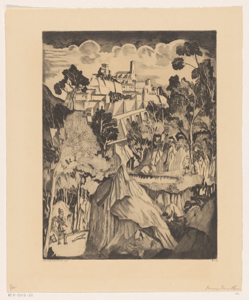Pagórkowaty krajobraz z myśliwym Paysage romantyczny (tytuł oryginalny) autorstwa Lodewijk Schelfhout (signed by artist)