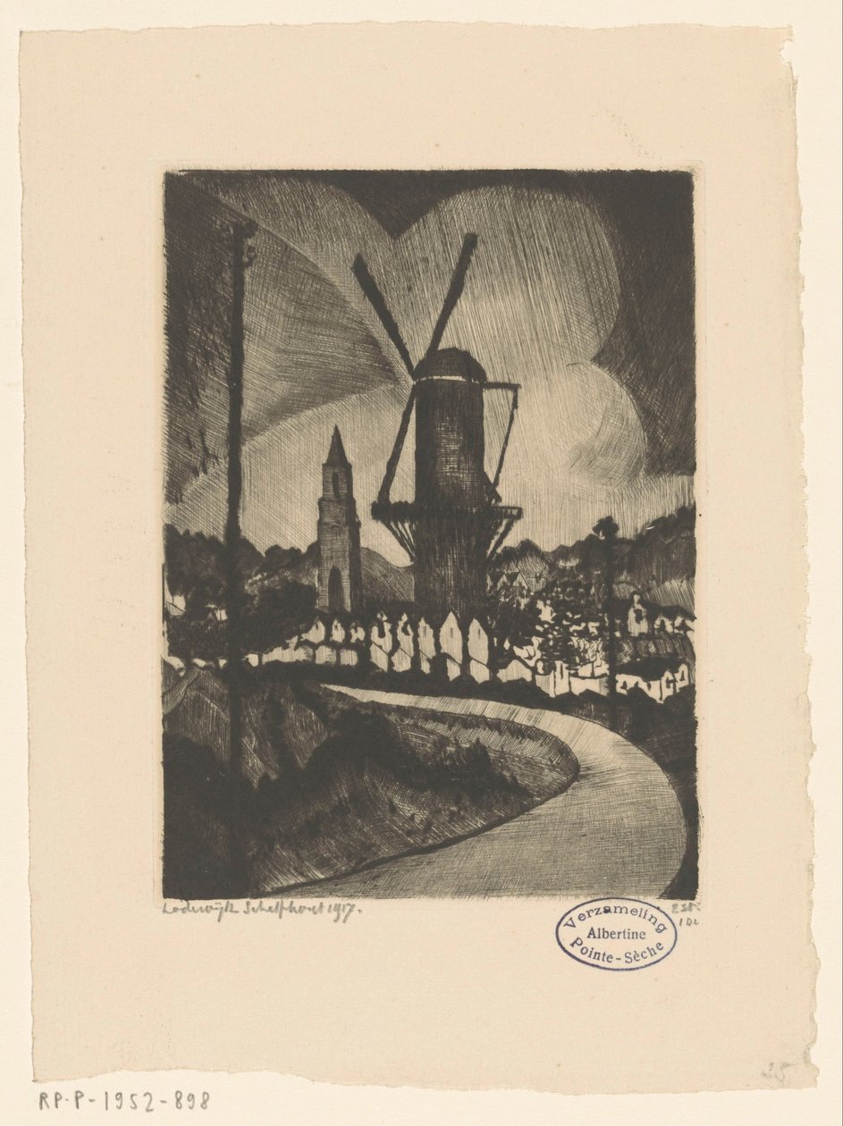 Pagórkowaty krajobraz z młynem Le Moulin (tytuł oryginalny) autorstwa Lodewijk Schelfhout (signed by artist)