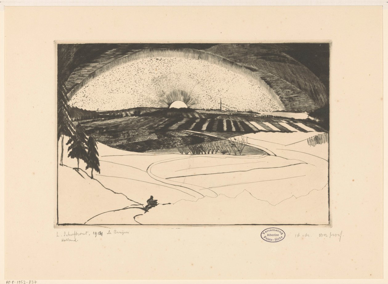 Wschodzące lub zachodzące słońce nad pagórkowatym krajobrazem La Bruyere (oryginalny tytuł na obiekcie) autorstwa Lodewijk Schelfhout (signed by artist)