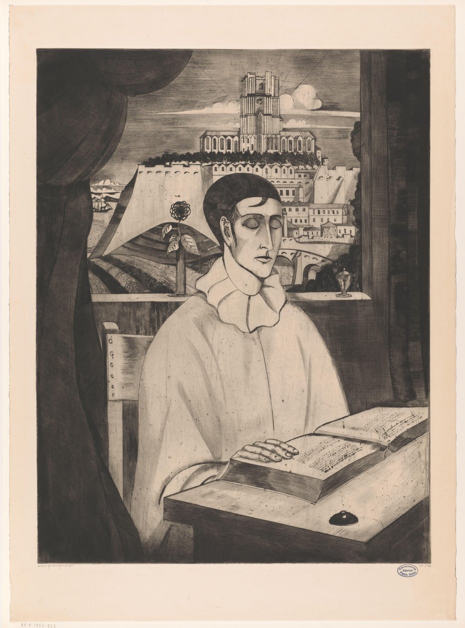 Pierrot czyta książkę Medytacja Pierrota (tytuł oryginalny) autorstwa Lodewijk Schelfhout (signed by artist)