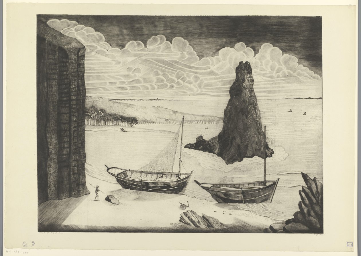 Dwa zacumowane statki na plaży Le Rocher (tytuł oryginalny) autorstwa Lodewijk Schelfhout (signed by artist)
