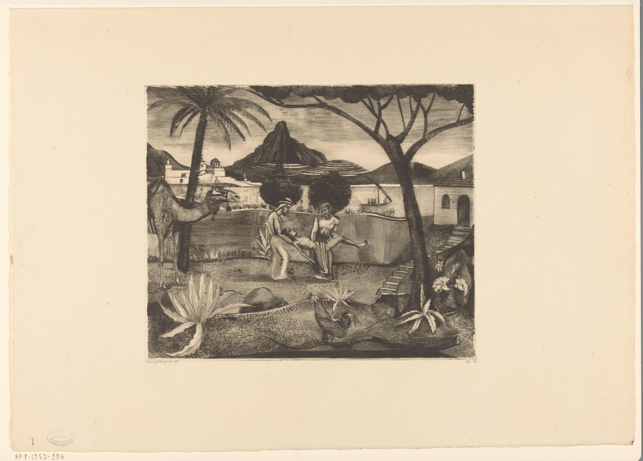 Dwóch mężczyzn niosących mężczyznę w ogrodzie autorstwa Lodewijk Schelfhout (signed by artist)