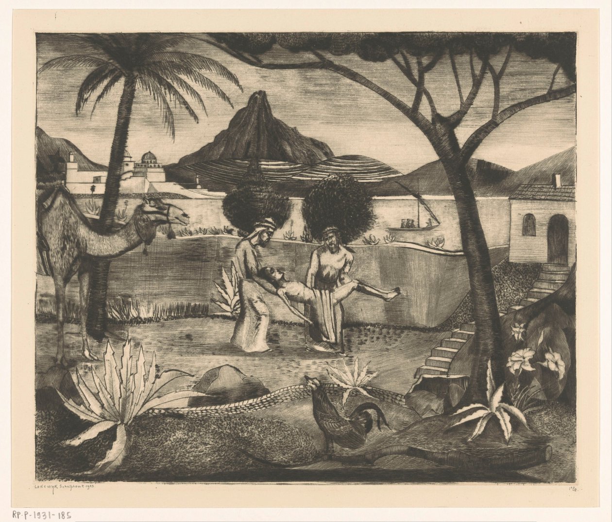 Dwóch mężczyzn niosących mężczyznę w ogrodzie autorstwa Lodewijk Schelfhout (signed by artist)
