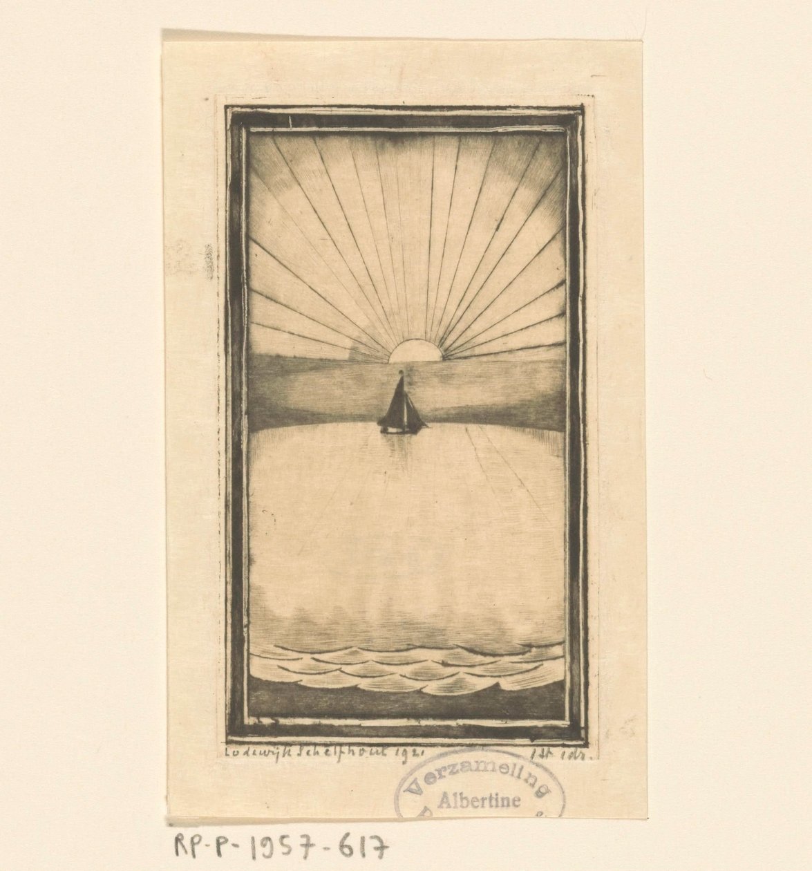 Żaglowiec na morzu o wschodzie lub zachodzie słońca autorstwa Lodewijk Schelfhout (signed by artist)