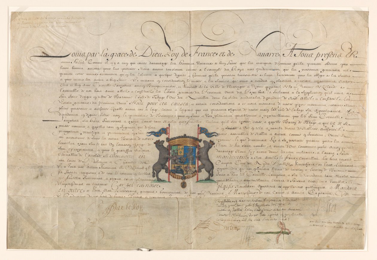 Dyplom, na mocy którego Ludwik XIV podniósł Cornelis Lampsins do stopnia barona Tobago i kawalera Orderu Świętego Michała autorstwa Lodewijk XIV (koning van Frankrijk) (signed by artist)