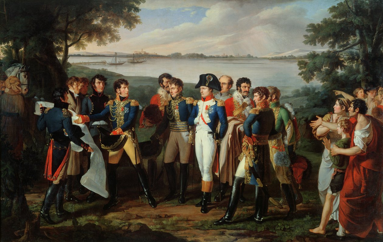 Napoleon (1769-1821) rozkazuje przerzucić most na Dunaju w Ebersdorfie, aby dotrzeć do wyspy Lobau 19 maja 1809 r. autorstwa Lodovico Venuti