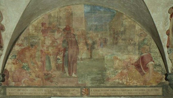 Święty Antoninus wskrzesza z martwych młodzieńca z rodziny Filicaia (fresk) autorstwa Lodovico Buti