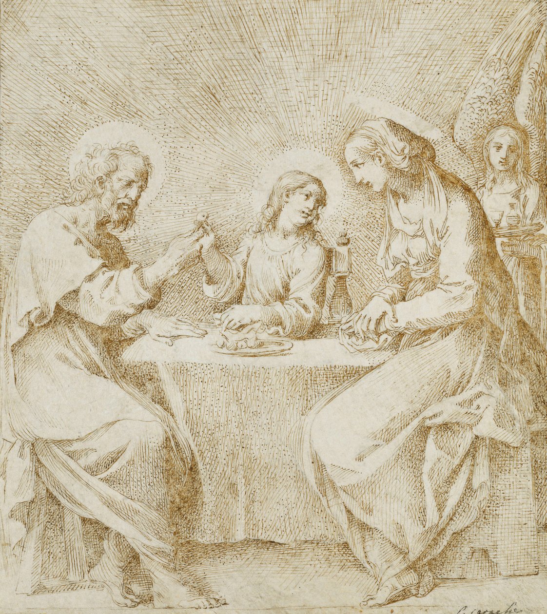 Dzieciątko Chrystus, Dziewica i Święty Józef siedzący przy stole, któremu towarzyszy anioł, autorstwa Lodovico Carracci