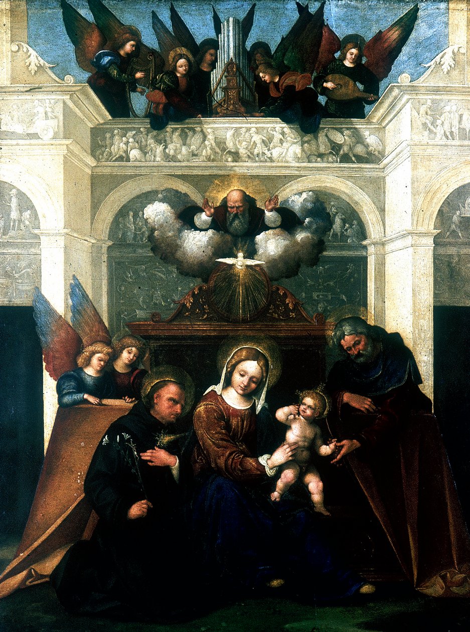 „Święta Rodzina ze św. Mikołajem z Tolentino”, 1515-1530 autorstwa Lodovico Mazzolini