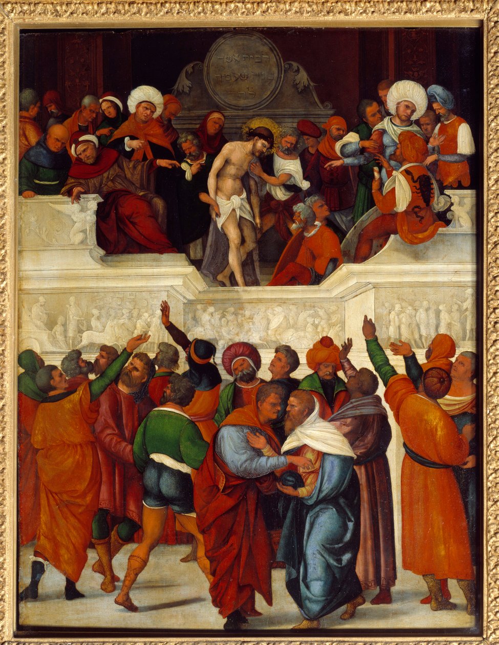 Ecce gay (Oto mężczyzna) (wyrażenie użyte przez Poncjusza Piłata (Pontius Pilatius) w tłumaczeniu Wulgaty ewangelii Jana (19:5), kiedy przedstawia Jezusa pobitemu tłumowi i koronie cierniowej). Obraz na drewnie Ludovico Mazzolino (ok. 1480-około autorstwa Lodovico Mazzolino