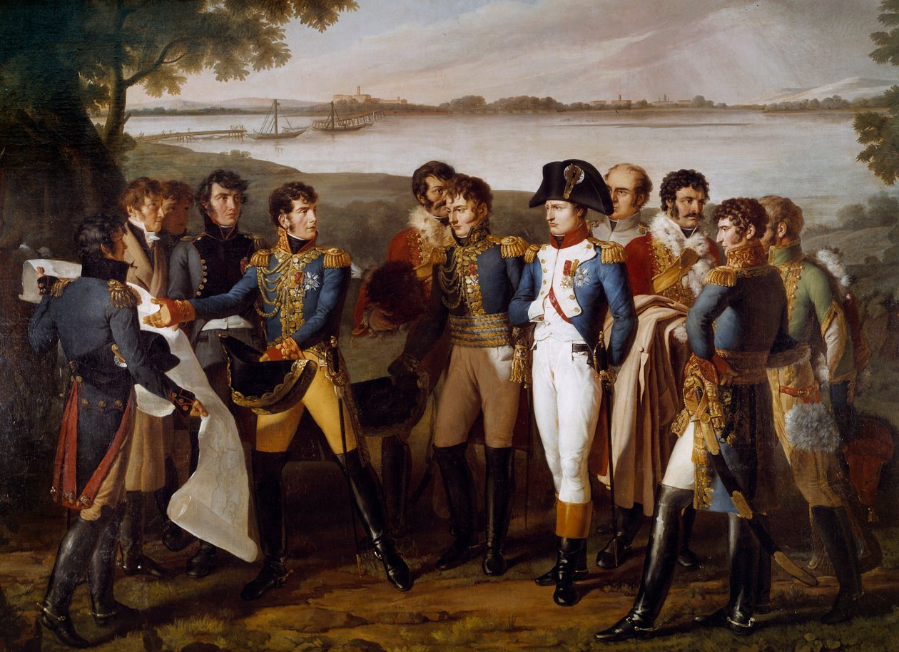 Napoleon I rozkazał położyć most na Dunaju w Ebersdorfie 19 maja 1809 r. Generał Henri Gatien Bertrand (1773-1844) przedstawia plany mostu, który ma przejść przez wyspę Lobau „” Szczegół. Obraz Ludovico Venuti (aktywny w latach 1799-1810) autorstwa Lodovico Venuti
