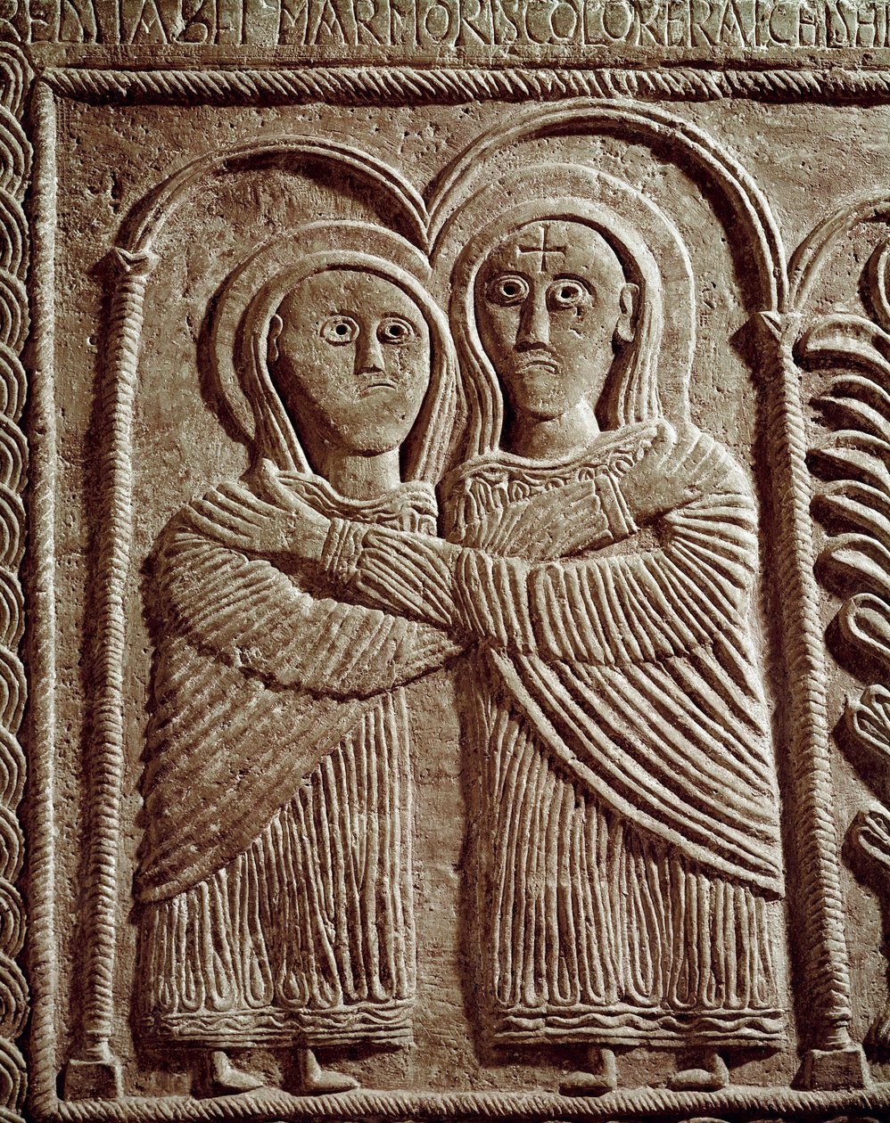 Archeologia średniowiecza (średniowiecze). Sztuka barbarzyńska Lombardii: Nawiedzenie, św. Elżbieta i św. Maria. Rzeźba, sztuka Lombardzka, 737-744. Cividale del Friuli, Muzeum Chretien, skarb katedry autorstwa Lombard School