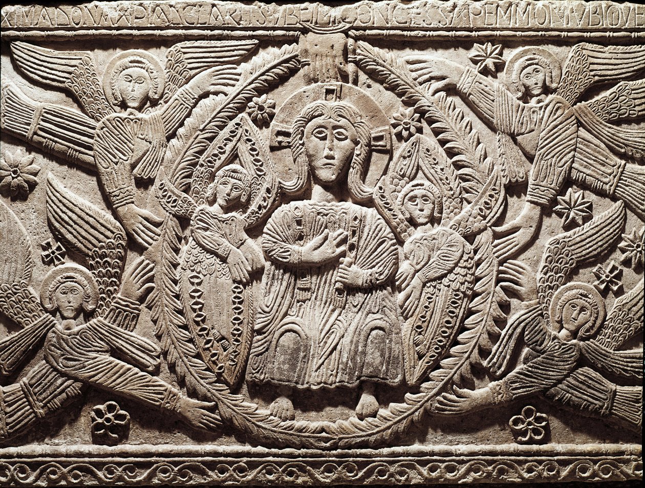 Sztuka lombardzka: Chrystus w chwale, płaskorzeźba z ołtarza księcia Rachisa (Ratchis lub Ratgis) - Rzeźba, sztuka lombardzka, 737-744 (Relief ołtarza Ratchis przedstawiający Chrystusa w chwale) Cividale del Friuli, Muzeum Chretien, skarbnik katedra autorstwa Lombard School