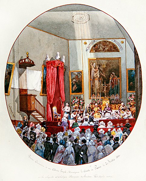 Pierwsza komunia hrabiego de Paris we francuskiej kaplicy królewskiej St.Louis w Londynie autorstwa Lombardo Enrique Simonet