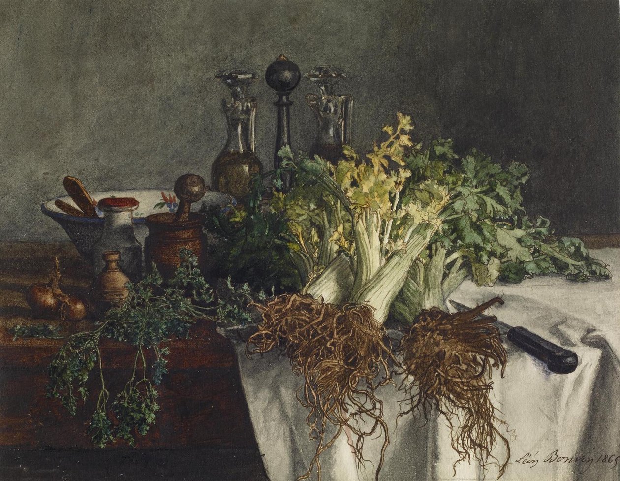 Martwa natura na stole kuchennym z selerem, pietruszką, miską i talerzami, 1865 (wc, pióro i tusz na papierze) autorstwa Léon Bonvin
