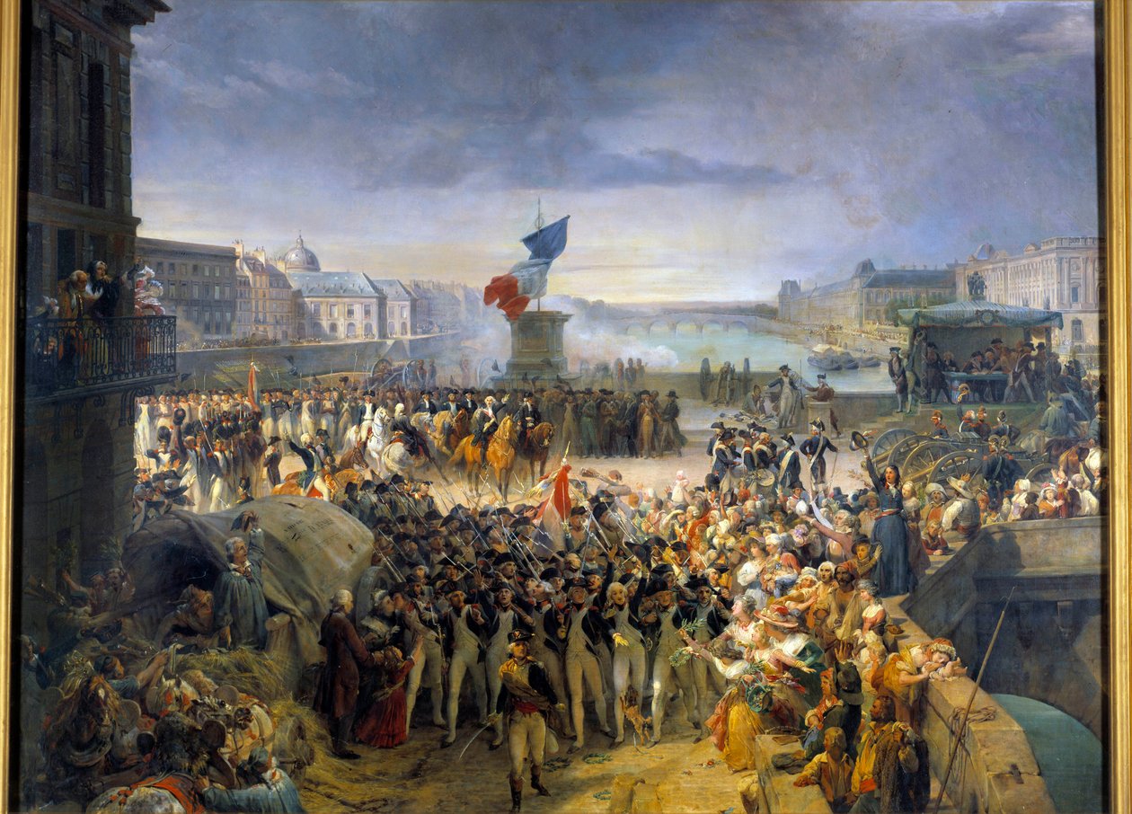 Gwardia Narodowa Paryża, zgromadzona na Pont Neuf, wyjechała do wojska we wrześniu 1792 r. Obraz Leona Cognieta (1794-1880) autorstwa Léon Cogniet