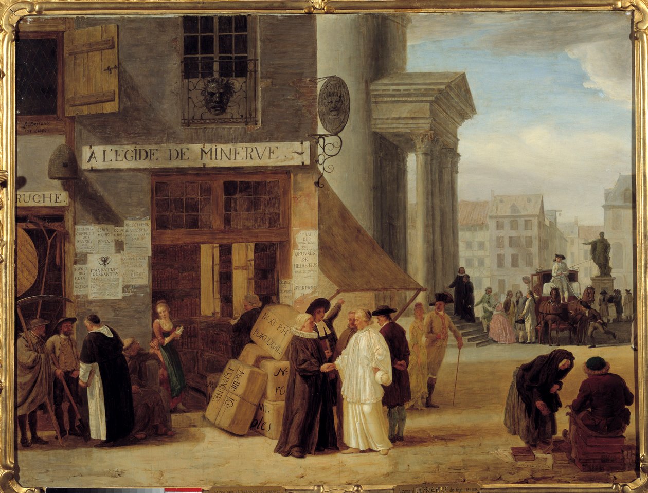 W Egide de Minerve, księgarni w Liege w Belgii, która sprzedawała książki zakazane przez władzę lub Kościół. Polityka tolerancji Józefa II (1741-1790) faworyzująca encyklopedystów. Obraz Leonarda Defrance (lub De France) (1735-1806) XVIII wiek Dijon autorstwa Léonard Defrance