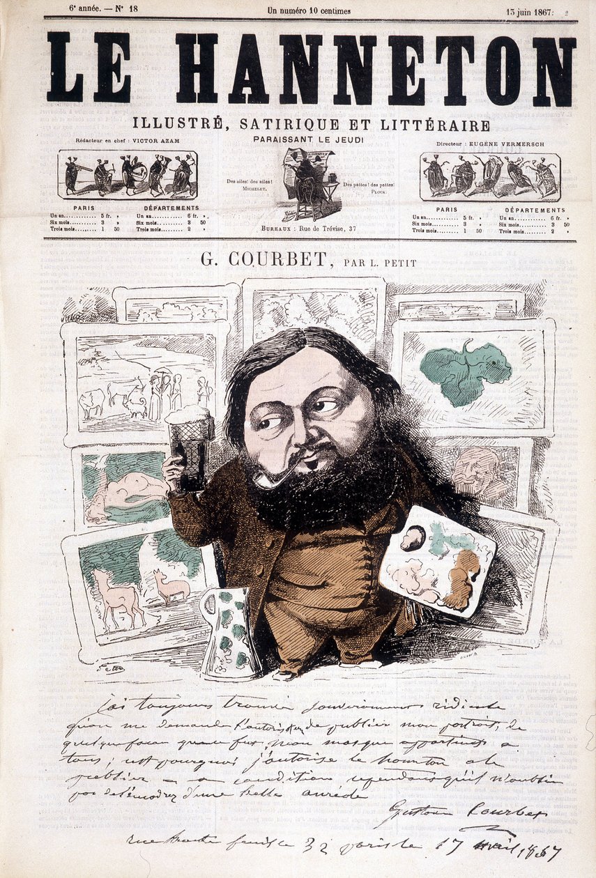 Portret Gustawa Courbeta, francuskiego malarza (1819-1877). W Le Hanneton autorstwa Léonce Justin Alexandre Petit