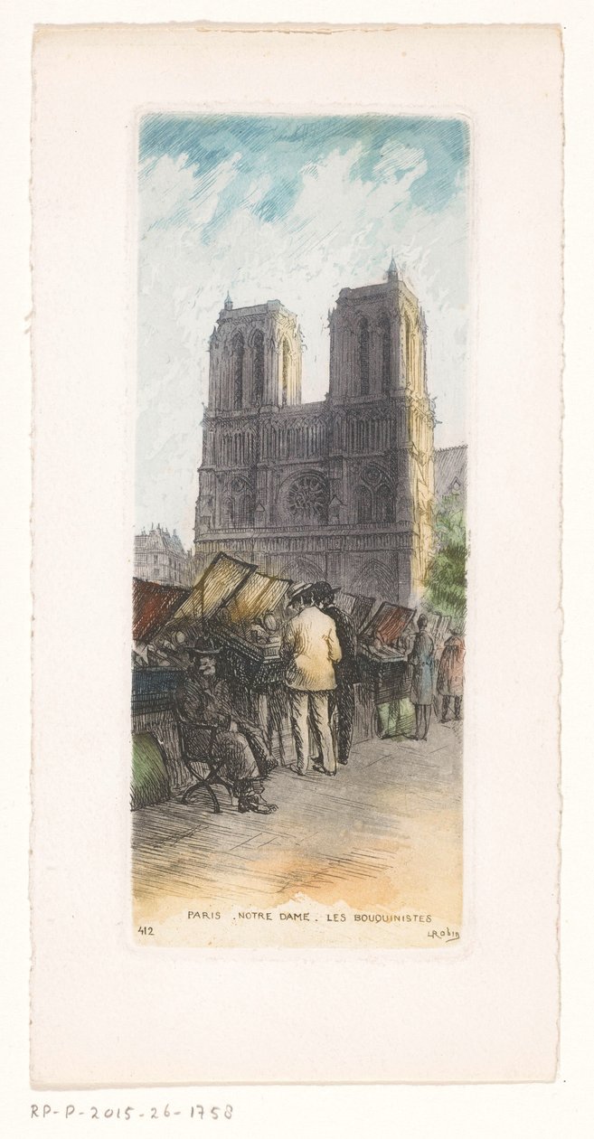Widok katedry Notre-Dame w Paryżu z księgarzami na pierwszym planie Paris Notre Dame les bouquinistes (tytuł na obiekcie) autorstwa Léopold Robin