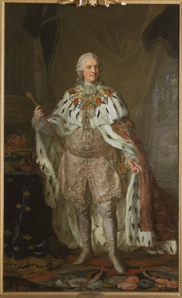 Adolphe Frederic de Suede - Portret króla Szwecji Adolfa Fryderyka (1710-1771), autorstwa Pascha, Lorenza Młodszego (1733-1805). Olej na płótnie. Wymiar : 237x143 cm. Muzeum Narodowe w Sztokholmie autorstwa Lorens the Younger Pasch