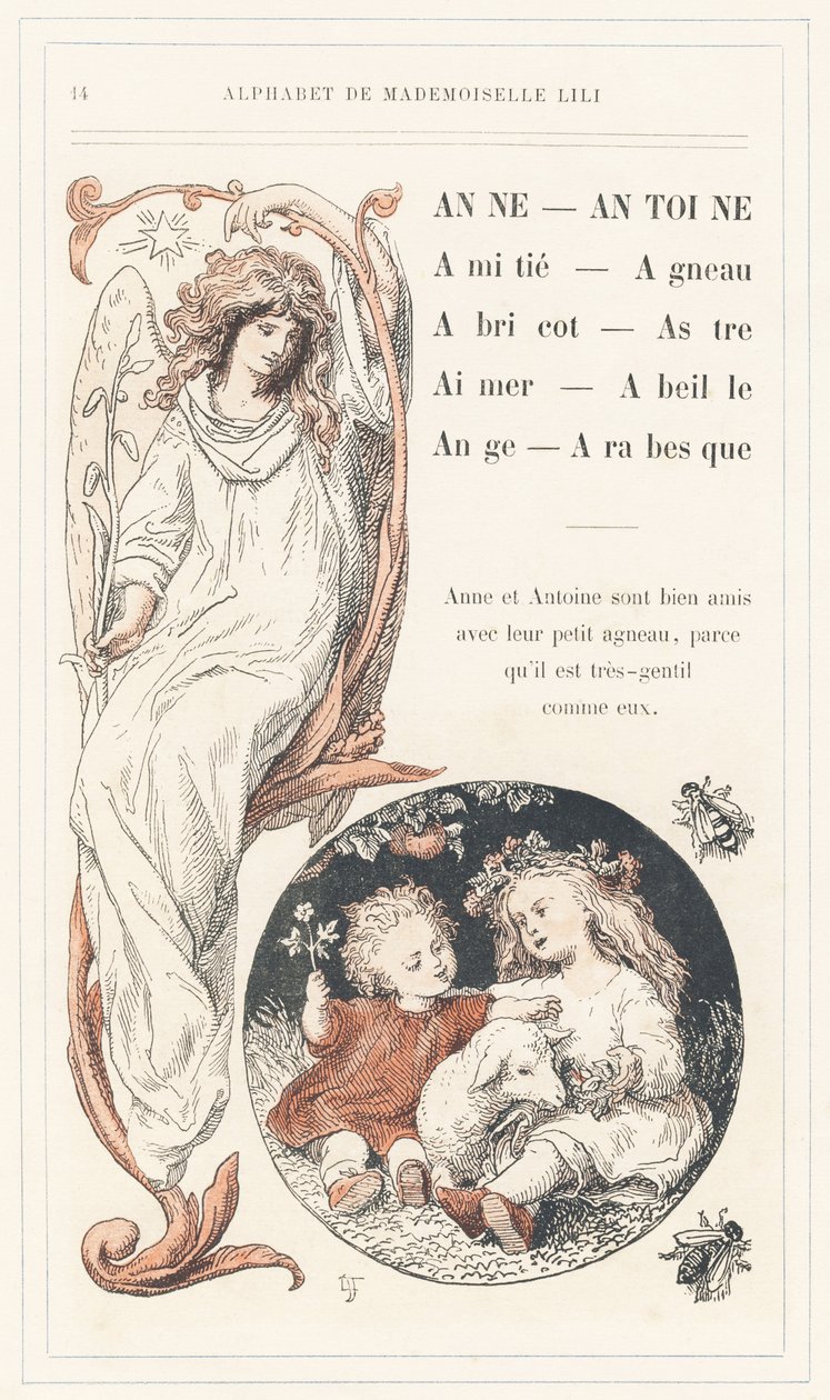 Anne, Antoine, Friendship, Lamb, Apricot, Star, Love, Bee, Angel, Arabesque, strona 14 - Alfabet autorstwa Mademoiselle Lili, L. Froelicha i ojca (samego Hetzela). Bibliotheque  Magasin d