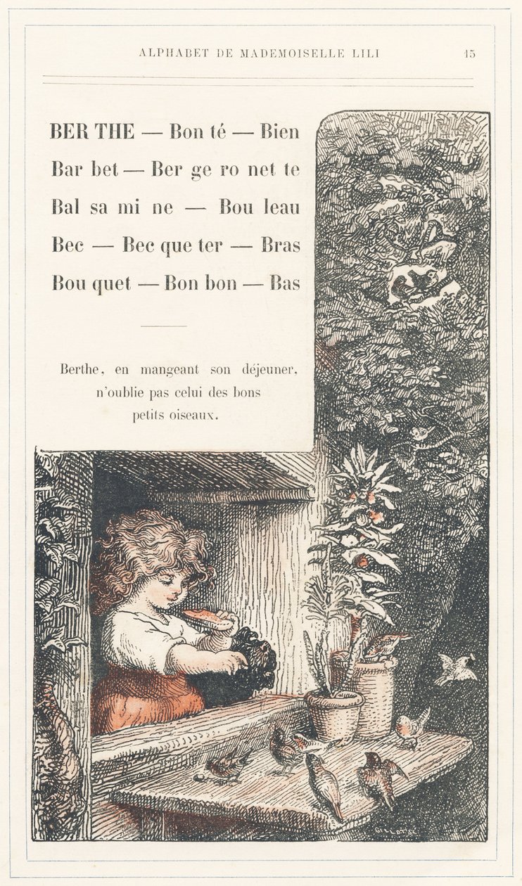Berthe, Bonte, Well, Barbet, Bergeronnette, Balsamine, Birch, Beak, Becqueter, Arm, Bouquet, Candy, Bottom, strona 15 - Alfabet autorstwa Mademoiselle Lili, L. Froelicha i taty (samego Hetzela). Bibliotheque  Magasin d