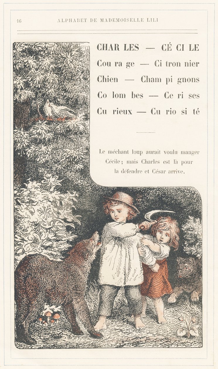 Charles, Cecile, Courage, Lemon tree, Dog, Mushrooms, Doves, Cherries, Curious, Curiosite, strona 16 - Alphabet by Mademoiselle Lili, by L. Froelich and by a dad (Hetzel himself). Bibliotheque  Magasin d
