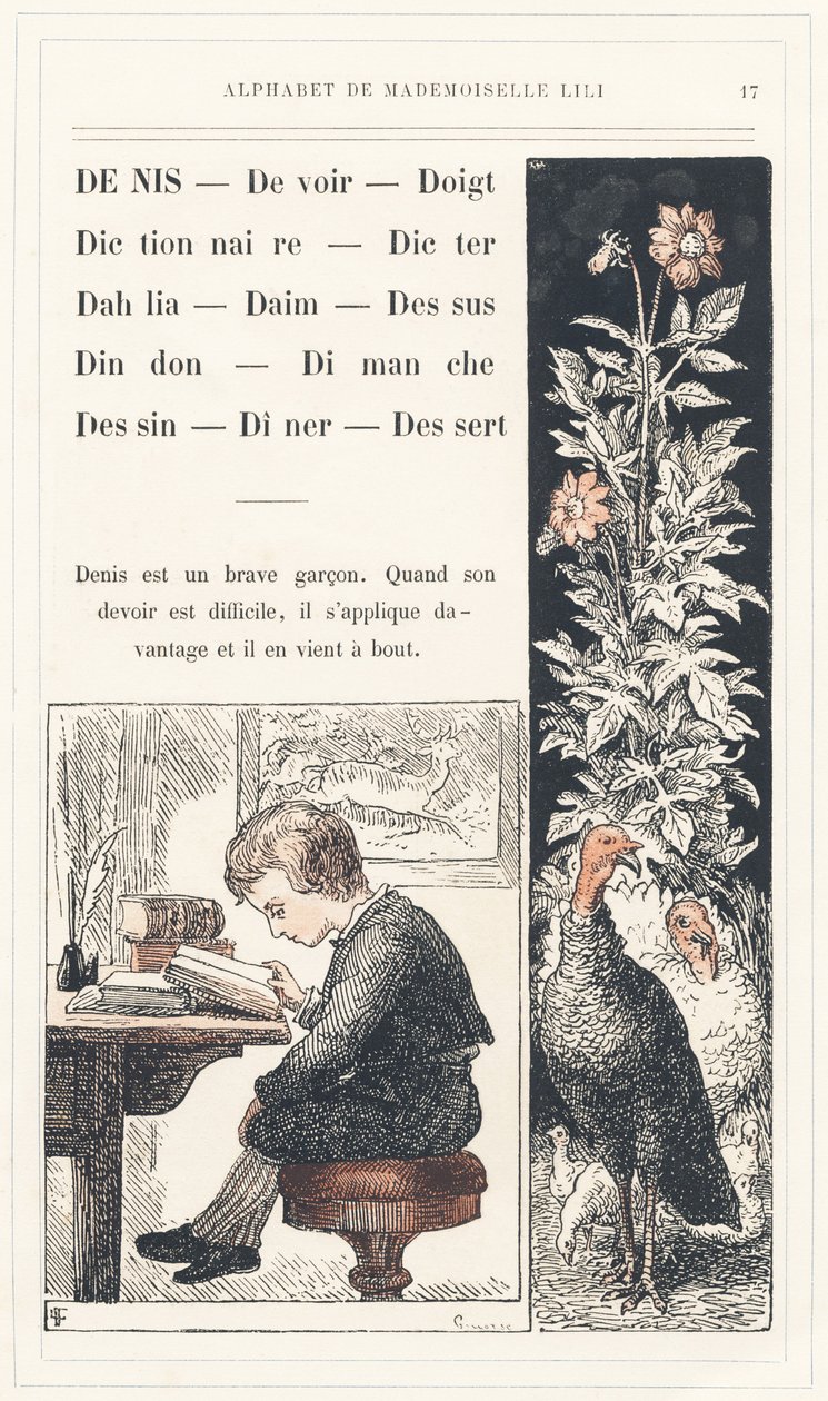 Denis, Obowiązek, Palec, Słownik, Dicter, Dalia, Zamsz, Top, Indyk, Niedziela, Rysunek, Obiad, Deser, strona 17 - Alfabet autorstwa Mademoiselle Lili, L. Froelicha i taty (samego Hetzela). Bibliotheque  Magasin d