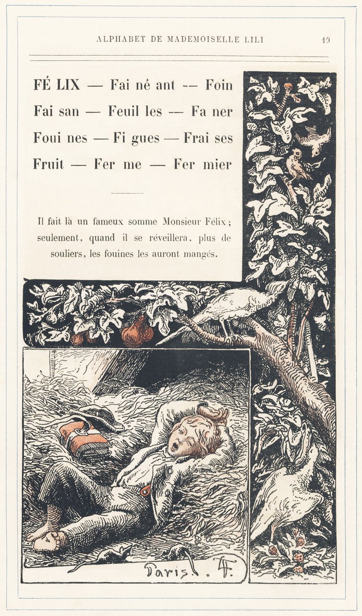 Felix, Lay, Hay, Pheasant, Leaves, Faner, Weasels, Figs, Strawberries, Fruit, Farm, Farmer, strona 19 - Alphabet by Mademoiselle Lili, by L. Froelich and by a father (Hetzel himself). Bibliotheque  Magasin d