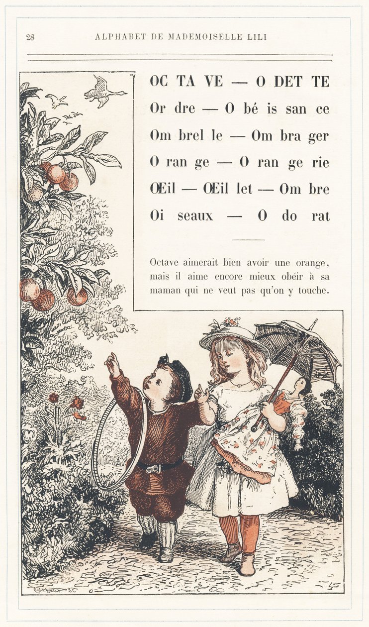 Octave, Odette, Order, Obedience, Umbrella, Shadow, Orange, Orangerie, Eye, Carnation, Shadow, Birds, Smell, strona 28 - Alfabet Mademoiselle Lili, autorstwa L. Froelicha i taty (samego Hetzela). Bibliotheque  Magasin d
